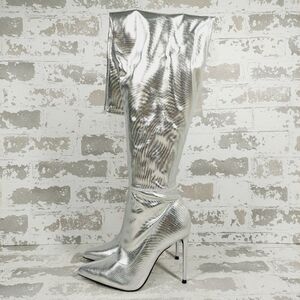 NEW Wild Diva Lounge Shaya Silver Pointy Toe High Heeled Over-the-knee Boot K771